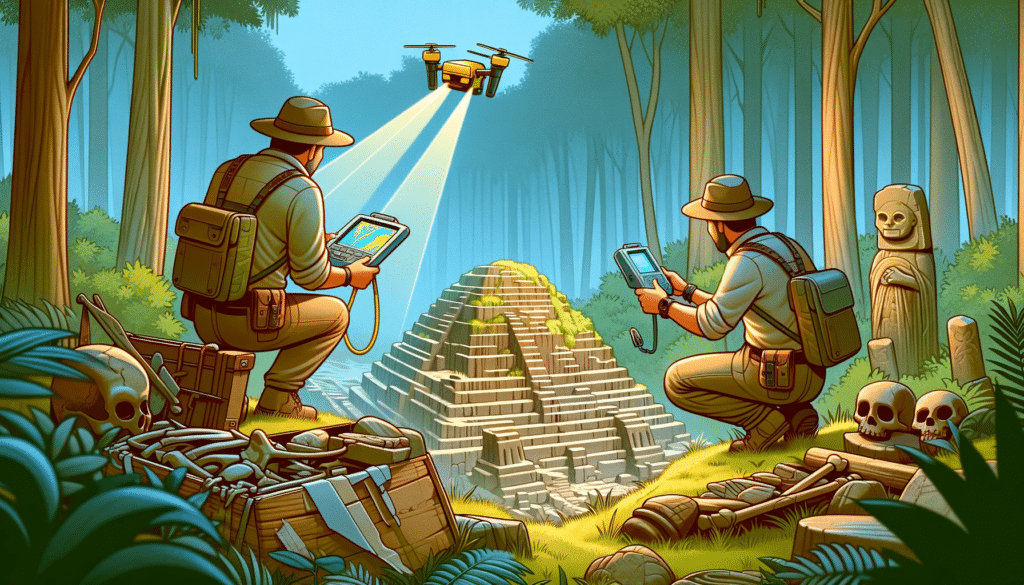 Cartoon style image of archaeologists examining ancient artifacts and structures revealed by LiDAR in a lush forest setting, with a sense of discovery