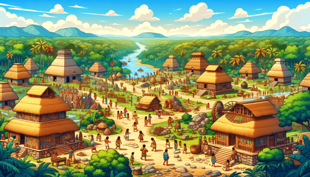 Cartoon style image of an ancient civilization in the Amazon, showing daily life with people, buildings, and a bustling community