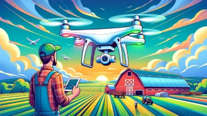 A modern cartoon illustration of a drone flying over a farm, capturing data with advanced sensors, in bright, engaging colors.