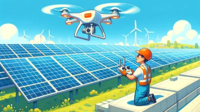 A cartoon illustration of an energy company technician using a drone to inspect solar panels on a large solar farm. The technician is controlling the drone